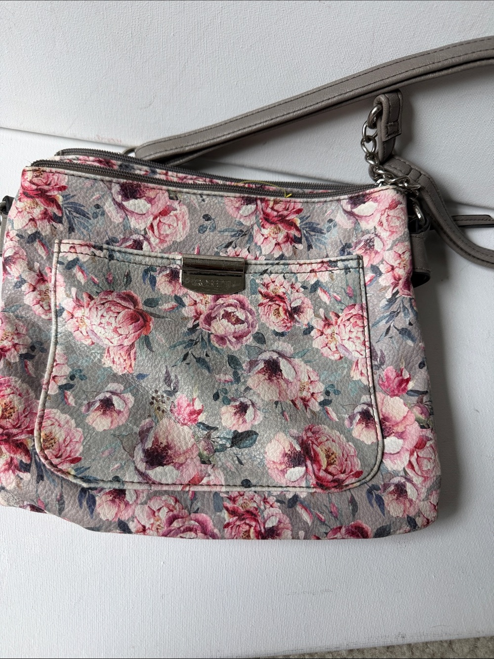 Floral Pink Rose Crossbody Bag with Gray Strap